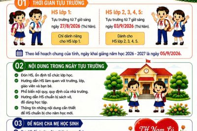 Thông báo về lịch tựu trường năm học 2026-2027 trường Tiểu học Nam Lý